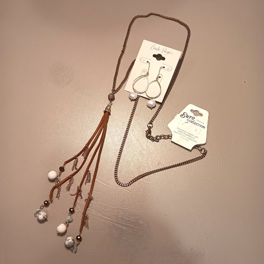 Charlie Paige Euro Collection leather tassel necklace & earrings NWT jewelry lot